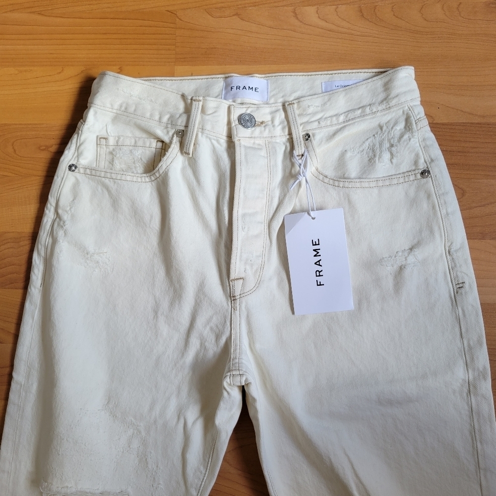Frame Le Original Ripped Straight Leg High Rise Jeans In Off-White Size 27 - Picture 3 of 13